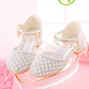 2025 New Summer Girls Princess Sandals Kidsren's High Heels Crystal Soft Sole Pearl Flash Diamond Performance Shoes