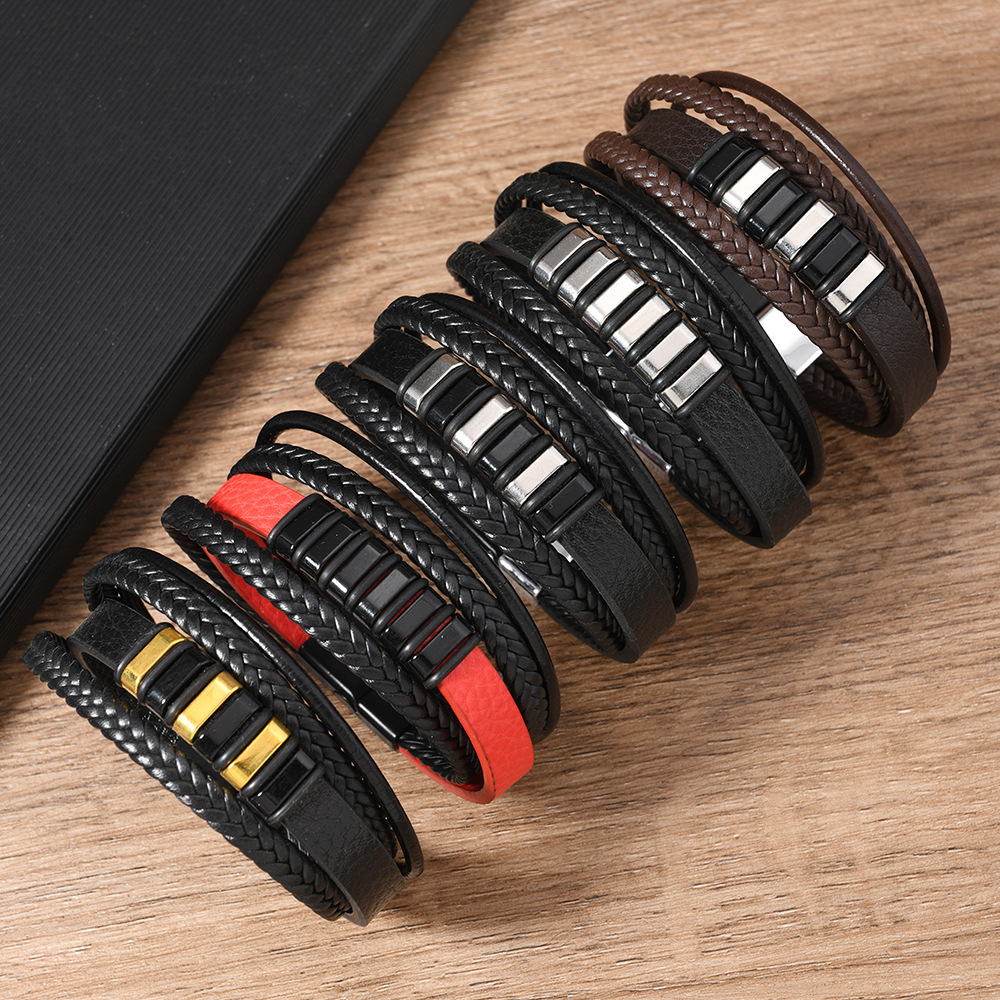 TEMU Xiyin una variedad de puntos estilo retro europeo y americano aleación lineal hebilla de succión magnética pulsera de cuero para hombre tejida a mano