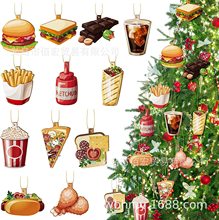 跨境新品創意聖誕食品掛飾聖誕樹木制裝飾品薯條掛片可愛快餐裝飾