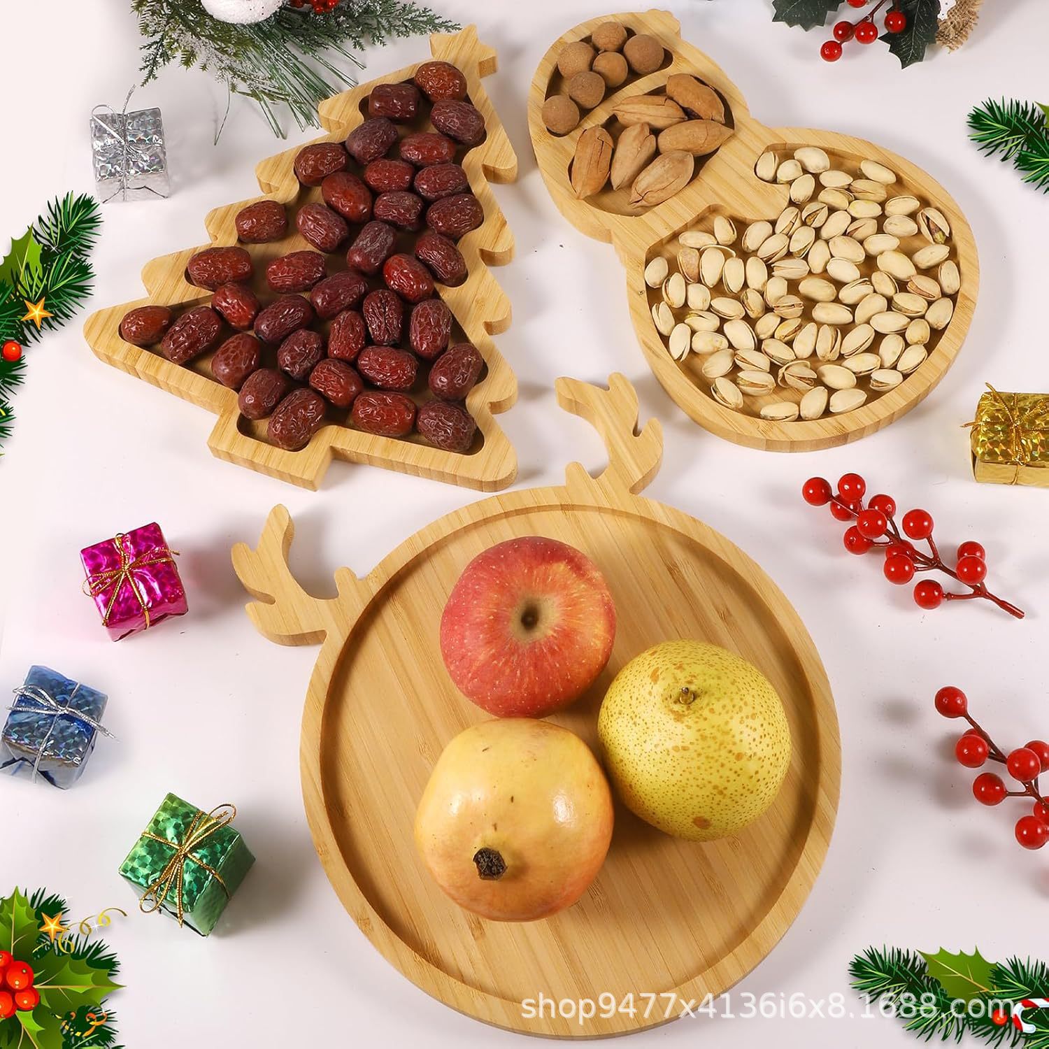 跨境可爱圣诞树餐盘竹制装饰品主题派对餐具餐厅甜点水果零食托盘