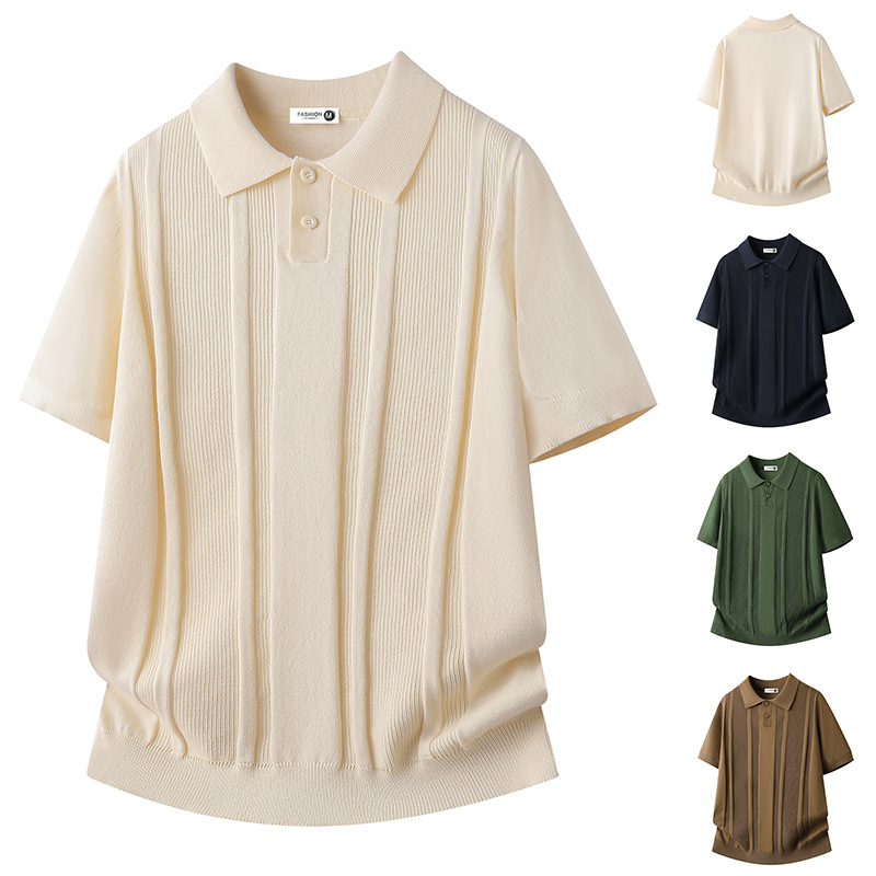 Polo camiseta de punto camiseta de manga corta camiseta de hombre solapa rayas huecas viejos vientos de alto nivel de verano fábrica transfronteriza al por mayor