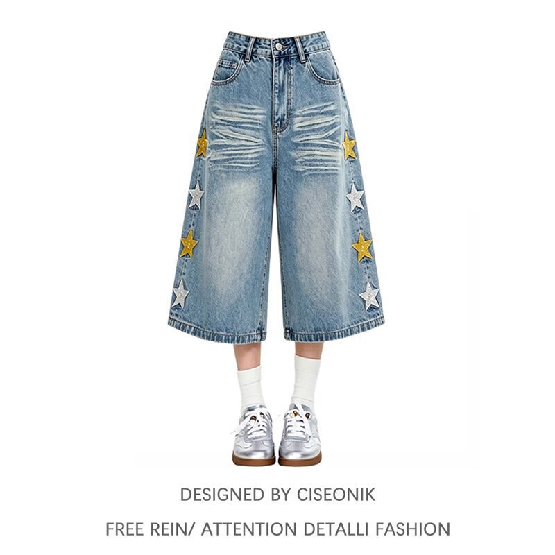 High-waisted American-style star-embroidered denim cropped pants for women, 2026 summer new style, plus size, slimming, loose, wide-leg mid-length pants High-waisted American-style star-embroidered denim cropped pants for women, 2026 summer new style, plus size, slimming, loose, wide-leg mid-length pants