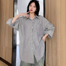 中长款条纹衬衫女春装法式复古设计感宽松慵懒风叠穿长袖衬衣外套