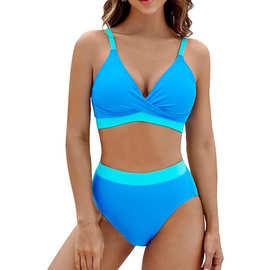 跨境分体泳衣女胸前交叉纯色高腰欧美外贸泳装亚马逊批发Swimwear