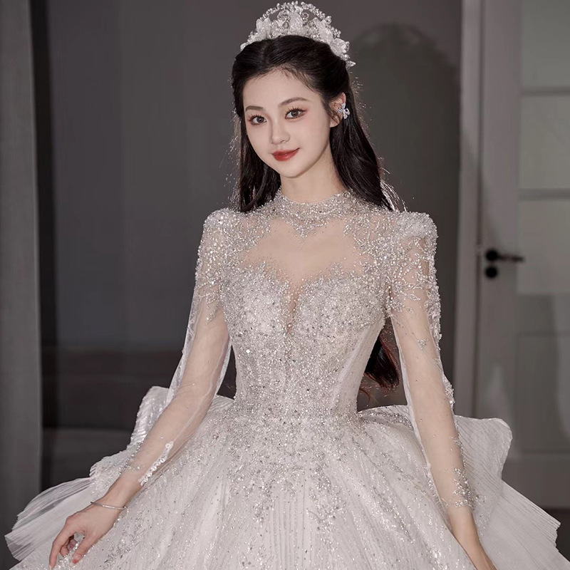 Luxurious Lace Wedding Dress for the Bride, 2026 New Style Long-Sleeve Gown for Petite and Plus-Size Pregnant Women, Heavy Craftsmanship D109