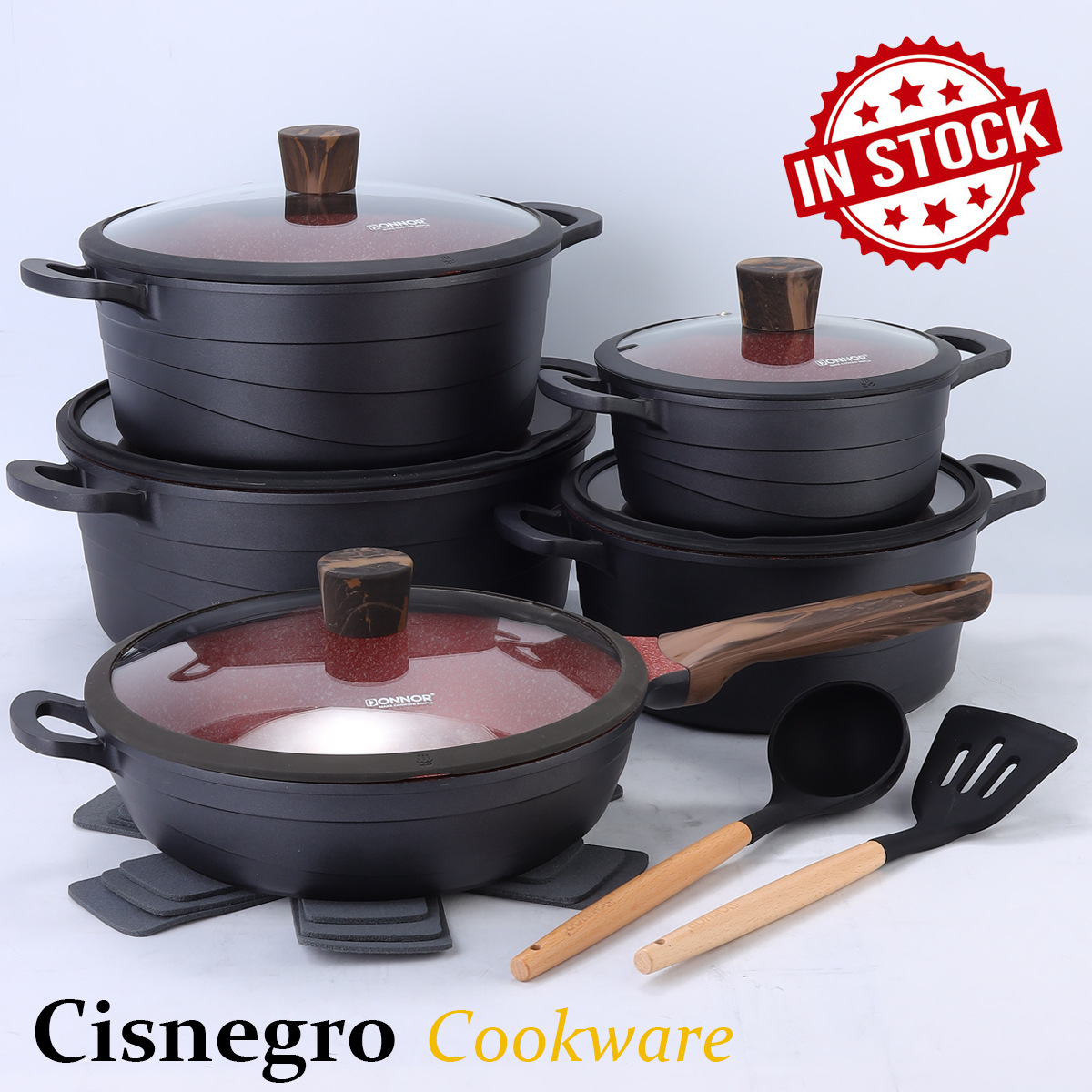 Donnor Wave Non-Stick Pan Set Die-Cast Aluminum 15-Piece Set 6-Piece Soup Pot Set Frying Pan Granite