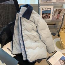 蓝色灯芯绒拼接翻领棉衣棉服女秋冬新款慵懒风温柔韩系夹棉外套厚