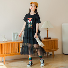 2022新款網紗針織拼接連衣裙大童裙子洋氣時髦兒童短袖公主裙長裙