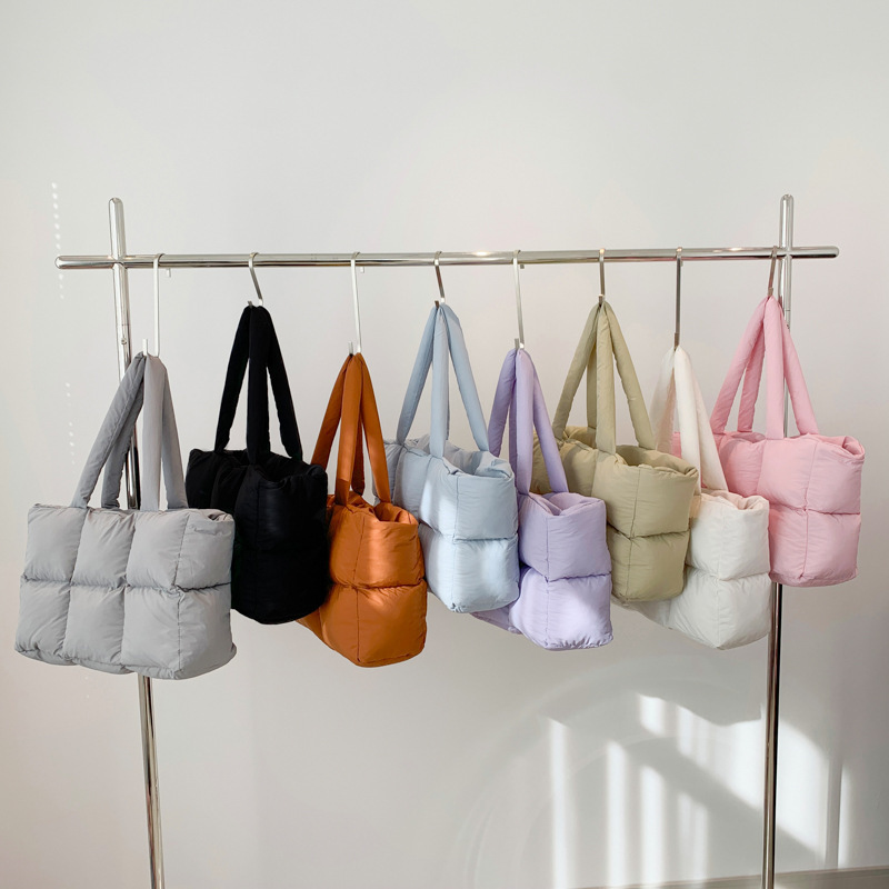 New Cross-border Down Bag Cotton-padded Jacket Women's Bag Simple Filling Cotton Space Bag Tote Bag Soft Square Underarm Shoulder Bag