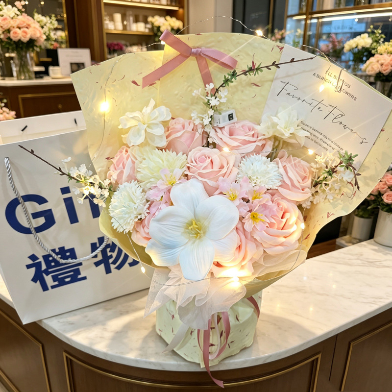 仿真花束粉色玫瑰永生花礼盒送女友闺蜜生日礼物高级感氛围感花艺