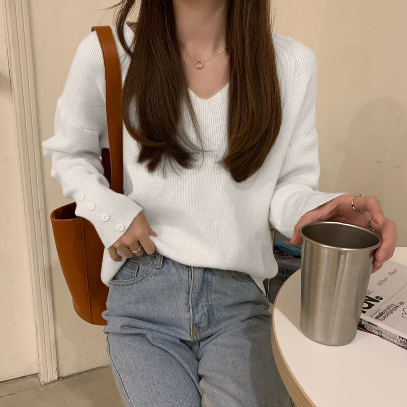 别致V领针织衫女慵懒风宽松毛衣打底衫春秋长袖冬装上衣内搭显瘦|undefined