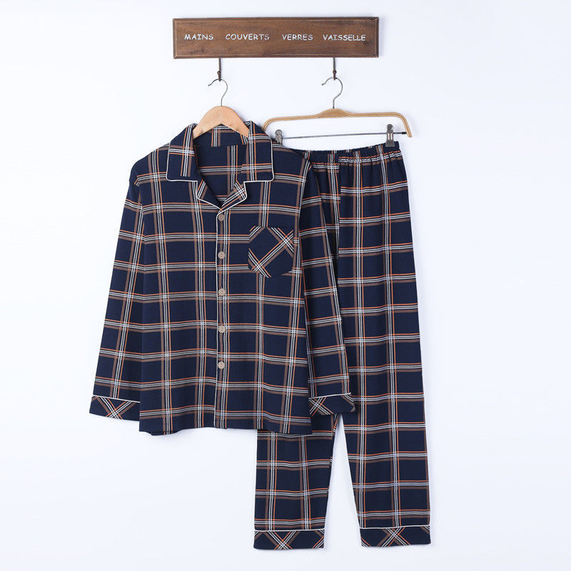 100% pijamas de algodón de primavera y otoño de los hombres de manga larga joven y de mediana edad Otoño e Invierno flojo cardigan traje de desgaste para el hogar