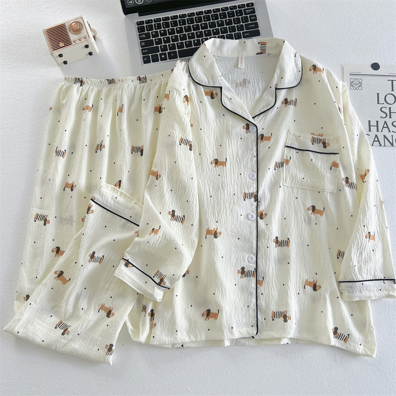 跨境直播睡衣女春秋云朵棉翻领开衫长袖长裤卡通甜美家居服女套装|undefined
