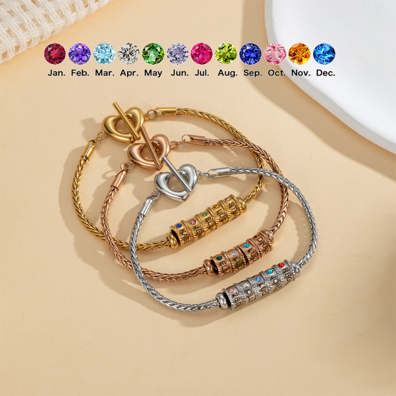 Cross-Border Custom Stainless Steel Heart Chain Buckle Beaded Birthstone DIY Bracelet with Engraving of English Name Letters