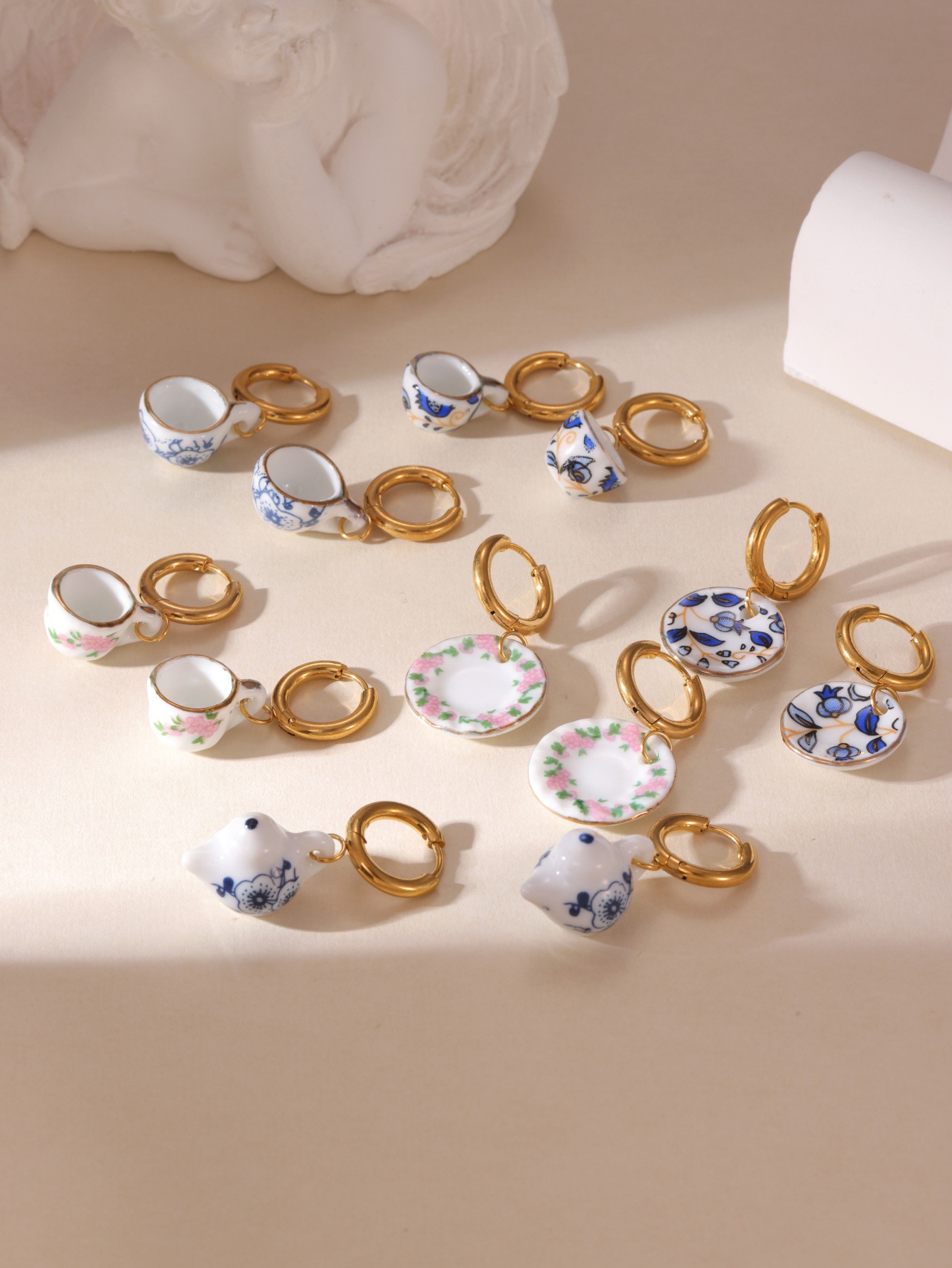10g Weight 1 Pair Chinoiserie Classic Style Kettle Plate Teacup 304 Stainless Steel Ceramics Drop Earrings