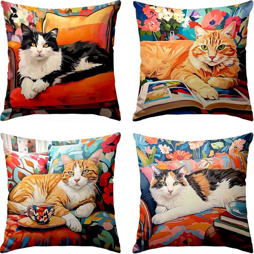 Cross-border best-selling abstract style cat and flowers single-sided printed pillowcase, dropshipping one piece