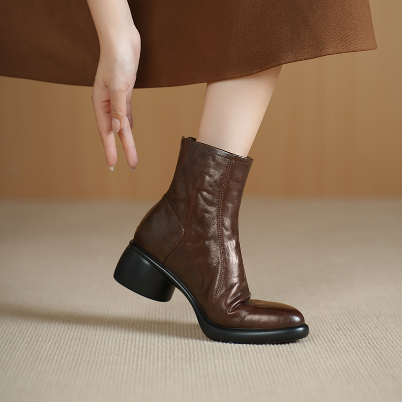 Western-Style Short Boots for Women in Spring & Fall, Thick-Soled, Round-Toe, Medium-Heeled, Thick-Heeled, Genuine Leather, Comfortable, Soft-Soled, Brown and Black, Fleece-Lined, Rear Zipper