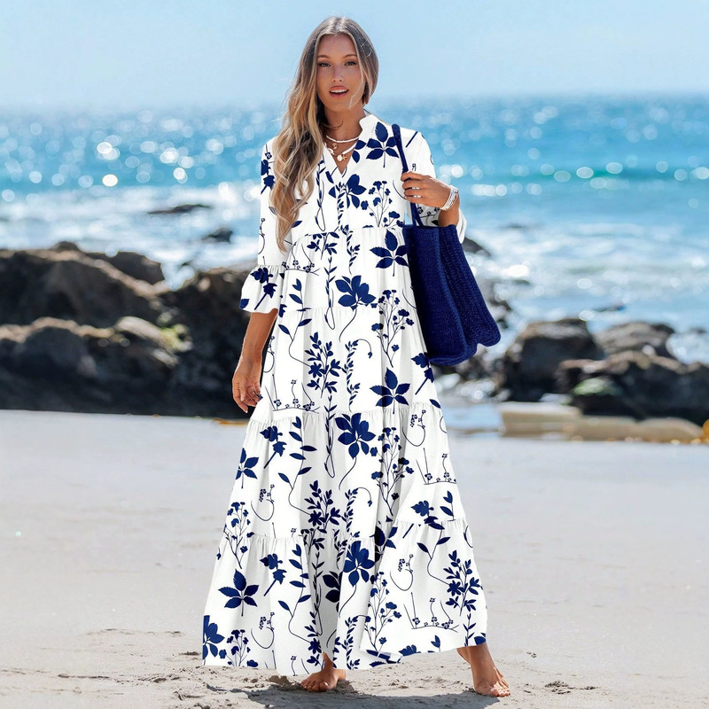 European and American Style Blue and White Plant Print Long Dress with V-Neck and Stand Collar, Layered Cake Dress, Loose Fit, Slimming Vacation Style Dress European and American Style Blue and White Plant Print Long Dress with V-Neck and Stand Collar, Layered Cake Dress, Loose Fit, Slimming Vacation Style Dress