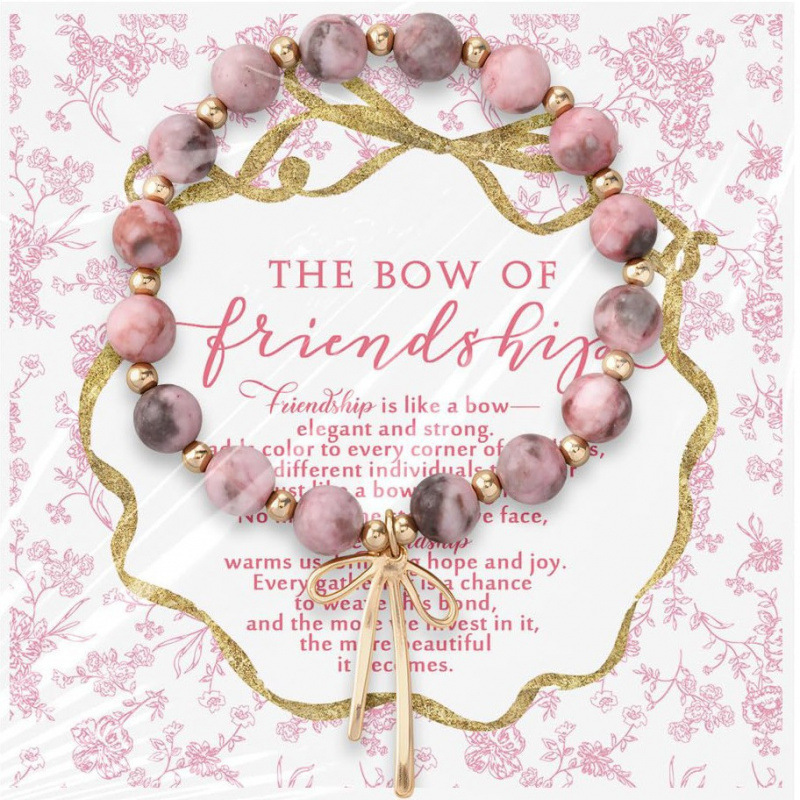 Women's Pink Zebra Bracelet 8mm Blue Patterned Stone Gold Bead Ribbon Pendant Elastic Bracelet Pink Zebra Bow Bracelet