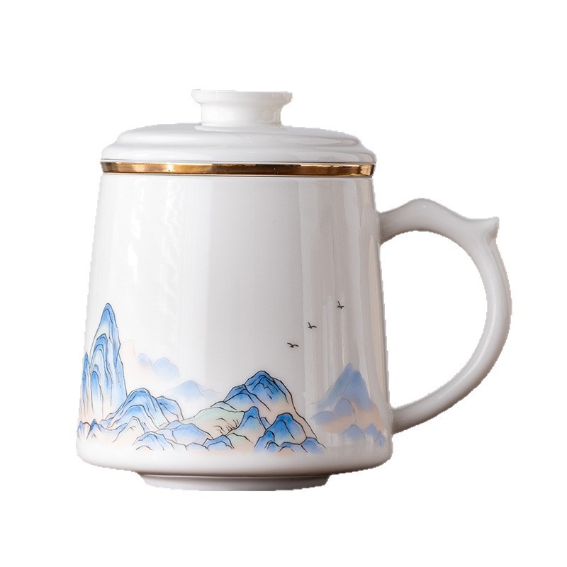 羊脂玉茶杯陶磁器茶水分離オフィスカップ国潮文創水杯会社年次総会ビジネスお土産|undefined