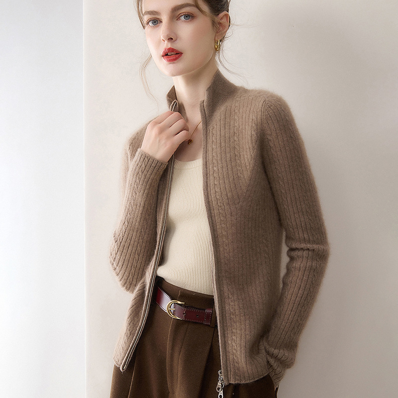 100 Pure Cashmere Women's Slim Fit Versatile Knitted Cardigan Autumn and Winter Soft and Skin-Friendly Zipper Half Turtleneck Top Jacket