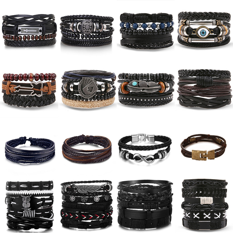 Vintage Beads Bracelet Men Fashion Hollow Triangle Leather Bracelet and Bracelet Multi-layer Wide Wrap Jewelry Women