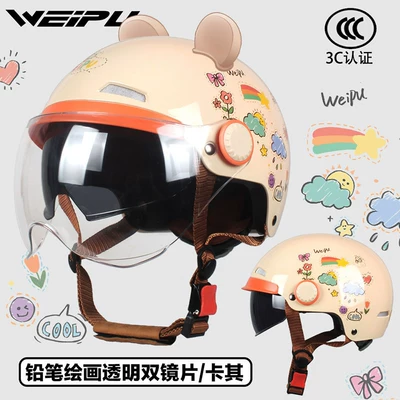 Motosiklet kaskı (dəbilqə): and Women's Motorcycle Half Helmet, Battery-Powered - class-a-dual-lenspencil-drawing-transparent-w-with-bear-ears-one-size
