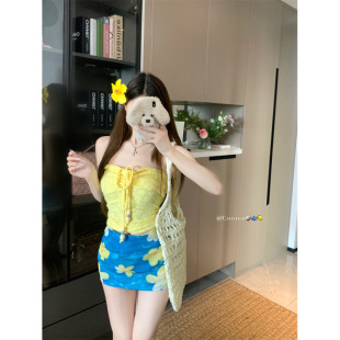 Hot Girl Style Sexy Tube Top Slim Vest Women's Summer High Waist Skirt Hip Skirt Two-Piece Set