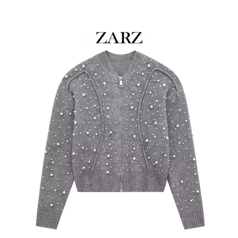 ZARZ 自家製ヨーロッパとアメリカンスタイルの新しい女性の人工真珠ニットボンバージャケット Z9598|undefined