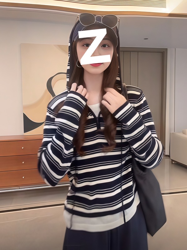 韩系慵懒风条纹连帽针织衫女2025秋季大码胖MM套头半拉链长袖上衣|undefined