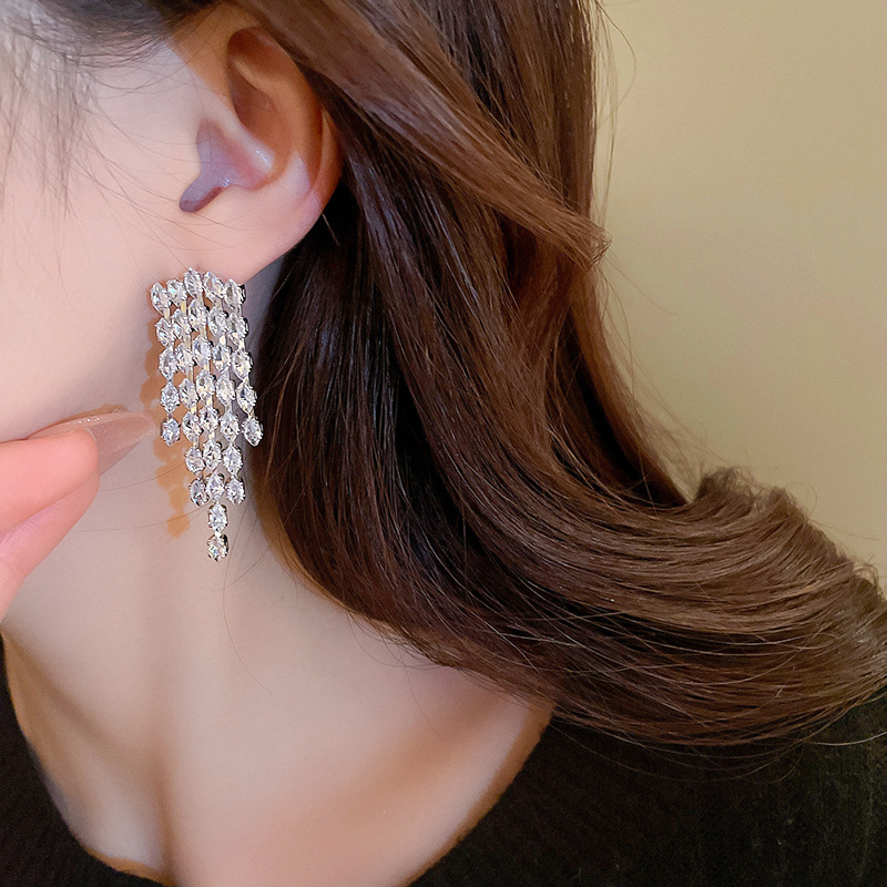 Fashion Tassel Copper Inlaid Zircon Drop Earrings 1 Pair