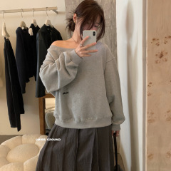 I MISS字母刺绣露肩卫衣女2025秋季设计感别致宽松显瘦休闲上衣