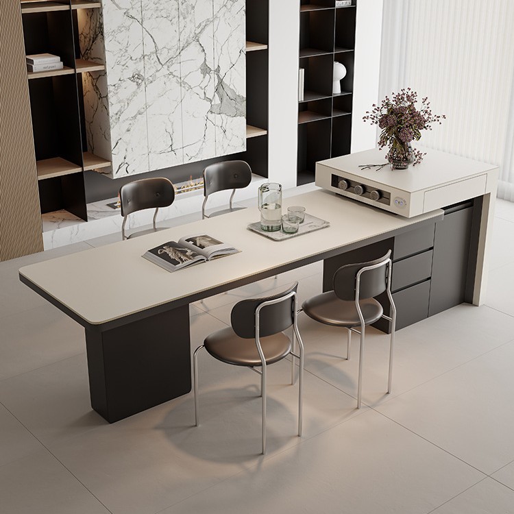 Mesa de mesa de isla retráctil eléctrica inteligente, mesa de comedor y silla de mesa de tablero de roca de plataforma minimalista italiana para el hogar