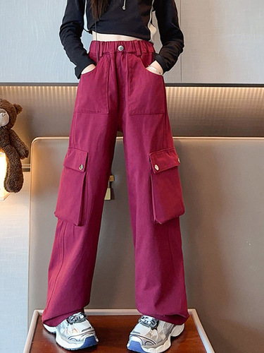 Kids' Han Version Spring and Autumn Style Pants 2025 Middle Kids Trendy Loose Button Work Pants Wide Leg Long Pants Fashion