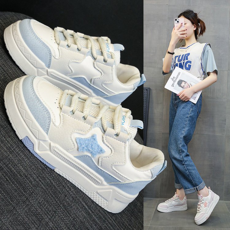 2024 spring new round toe lace-up star Board shoes fresh color matching single shoes women's casual sports white shoes