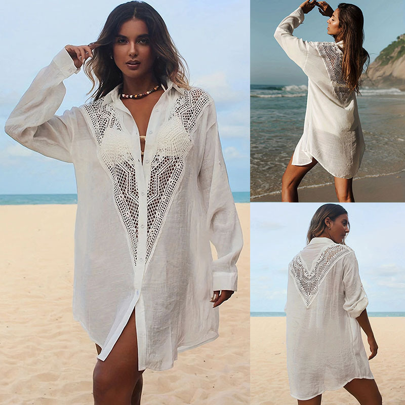 New Lace Shirt-Style Swimsuit with Sun Protection Cardigan for Women, Beach Jacket, Women's Vacation Bikini Cover-Up Cross-Border