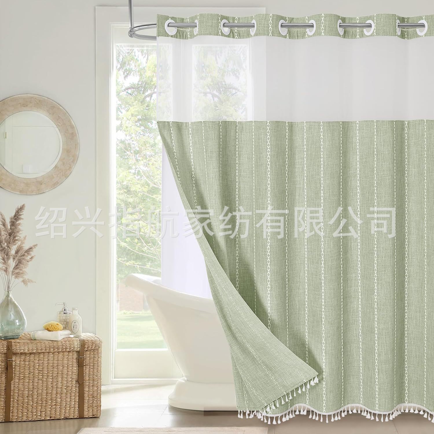 Double-layer large ring linen polyester shower curtain bathroom waterproof mildew proof curtain wet and dry separation shower partition curtain