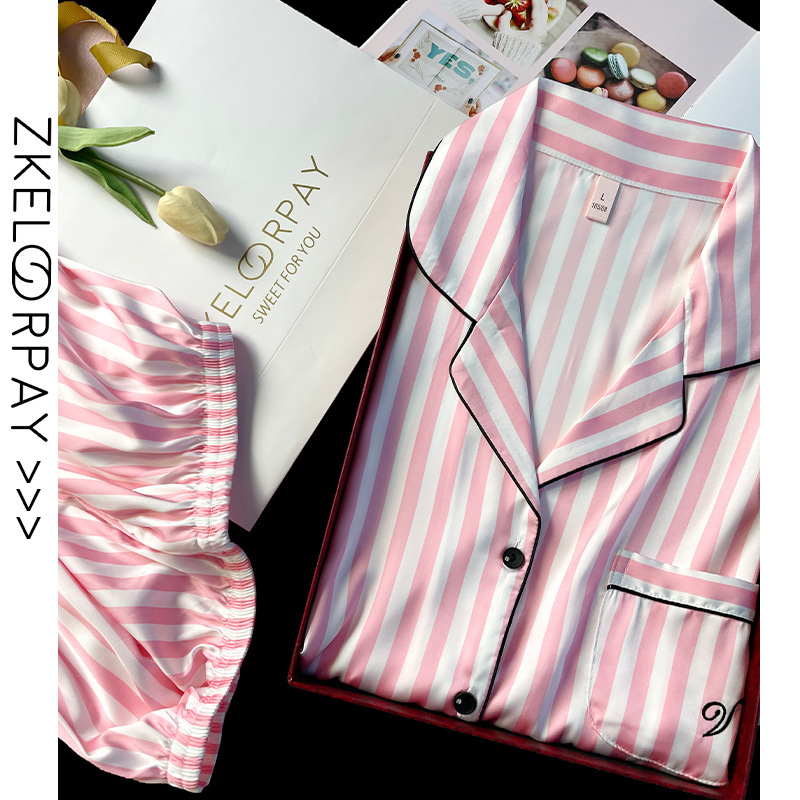 Striped Pajamas women's spring and autumn high-grade Ice Silk long-sleeved cardigan Internet celebrity suit artificial silk Korean style home wear