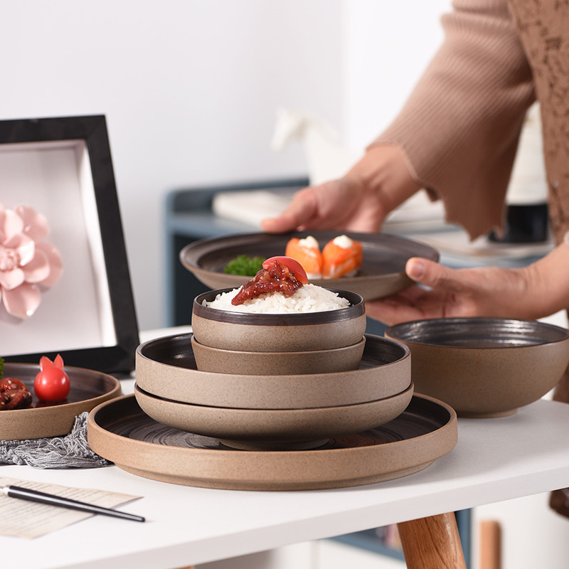 Factory stoneware household design Japanese style retro ceramic Western food bowls, plates and cups can be ordered with logo tableware set