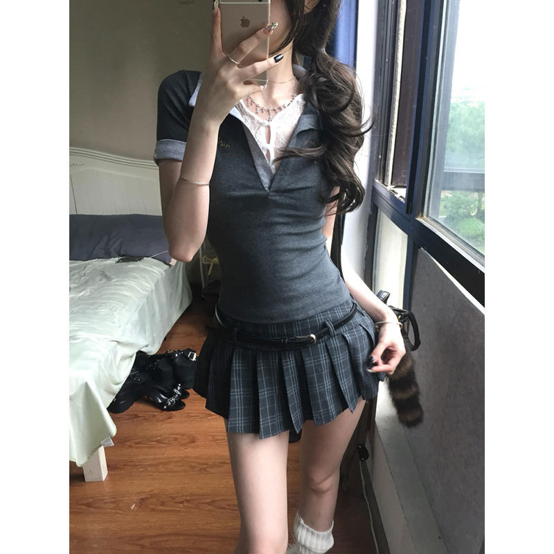 Morning Collar [Original Heavy Industry Quality] Petite Hot Girl Polo Collar T-Shirt Top Women's Summer Pleated Skirt Two Pieces