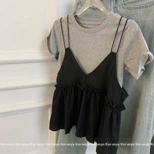 Korean Style Layered Suspender Short-Sleeved T-Shirt Women's Two-Piece Summer Casual Style Sweet Sexy Short Bottoming Shirt Top