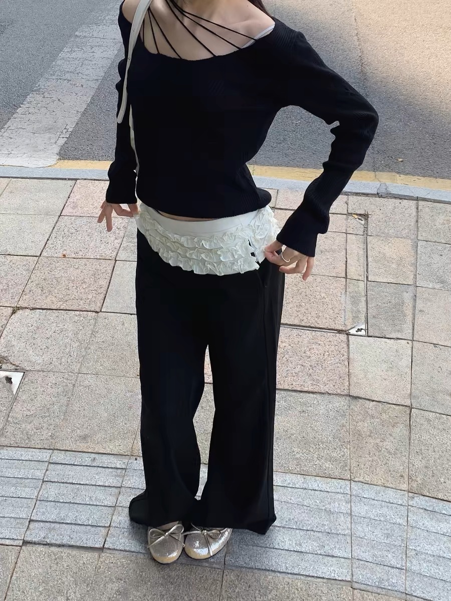 Pantalón de encaje plisado fino estilo ballet pantalón de pierna ancha de cintura baja de alta gama pantalón negro mujer 3252