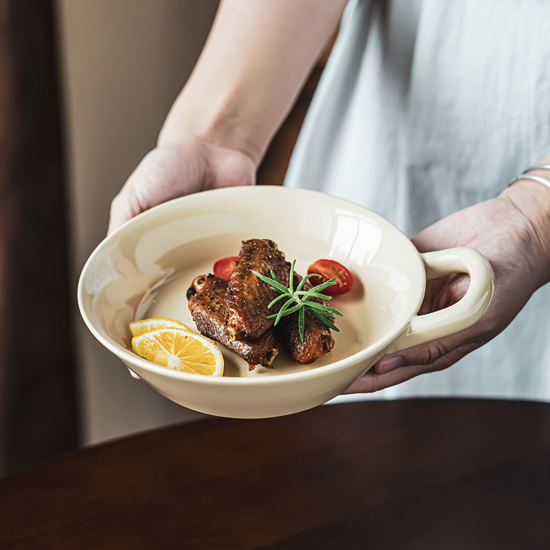 [Cuenco destacado de una sola oreja de alto aspecto] tazón de desayuno de cerámica de lujo ligero tazón de yogur japonés de una sola manija ligeramente defecto