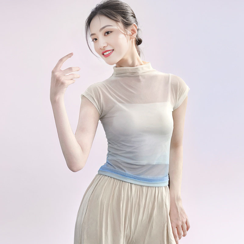 Modern Dance Clothing, Gradient Short-Sleeved High-Neck Top, Classical Dance, Chinese Dance Practice Clothing, Body Suit, Gauze Clothing for Adult Women