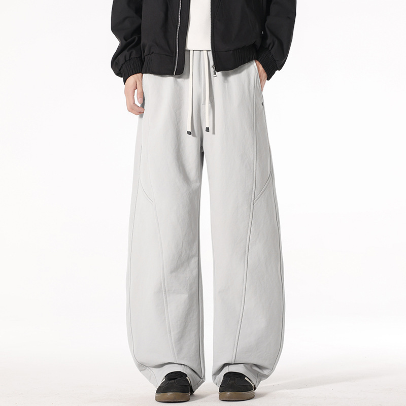 Solid color simple versatile patchwork curved hem casual pants for men, American fashion trendy brand, loose wide-leg elastic waist long pants