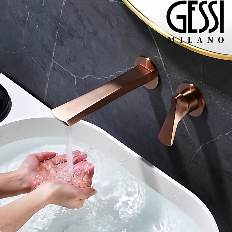Italian Gessi Basin Faucet, Concealed Wall-Mounted, All-Copper, Hot and Cold, Brushed Rose Gold Countertop Faucet Italian Gessi Basin Faucet, Concealed Wall-Mounted, All-Copper, Hot and Cold, Brushed Rose Gold Countertop Faucet