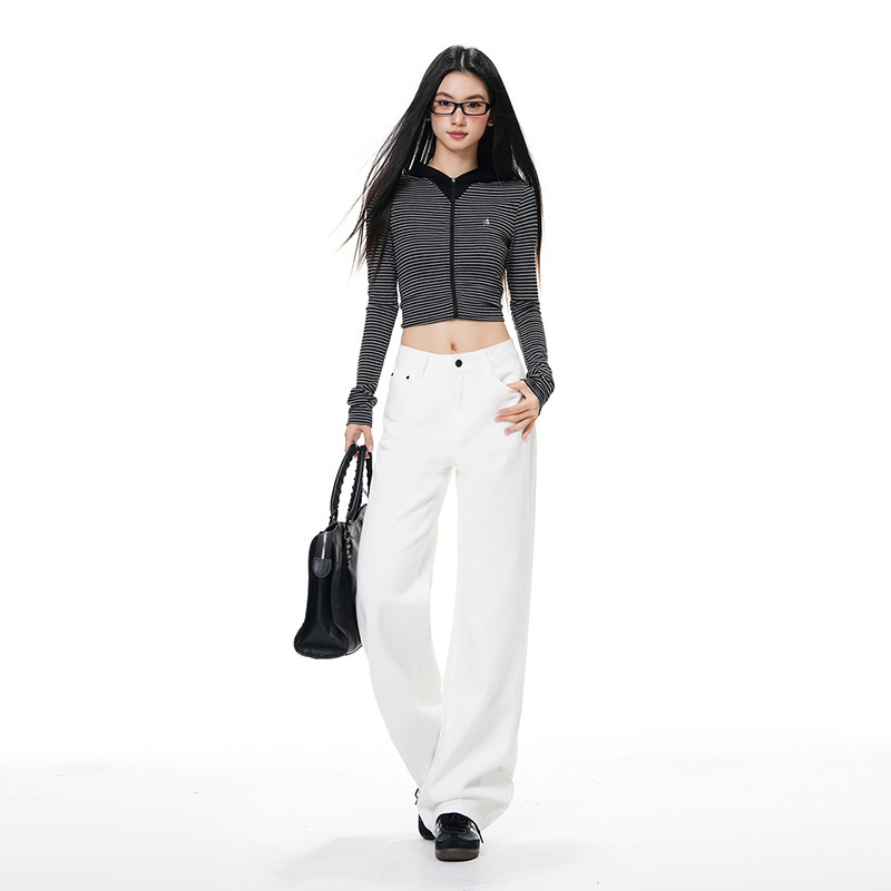 White High-Waisted Narrow Wide-Leg Jeans for Women, 2026 Spring/Summer New Versatile Style for Petite Figures, Loose Fit, Fleece-Lined Straight Pants