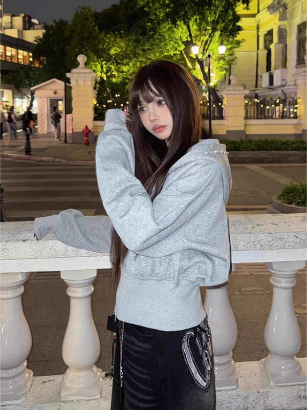 美式街头vibe珍珠立体短款连帽卫衣外套男女秋冬季百搭休闲上衣潮|undefined
