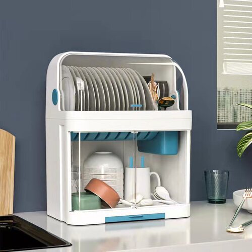 Tableware storage box, kitchen double-layer dish rack with cover for tableware, dishware, drain rack, plastic cupboard