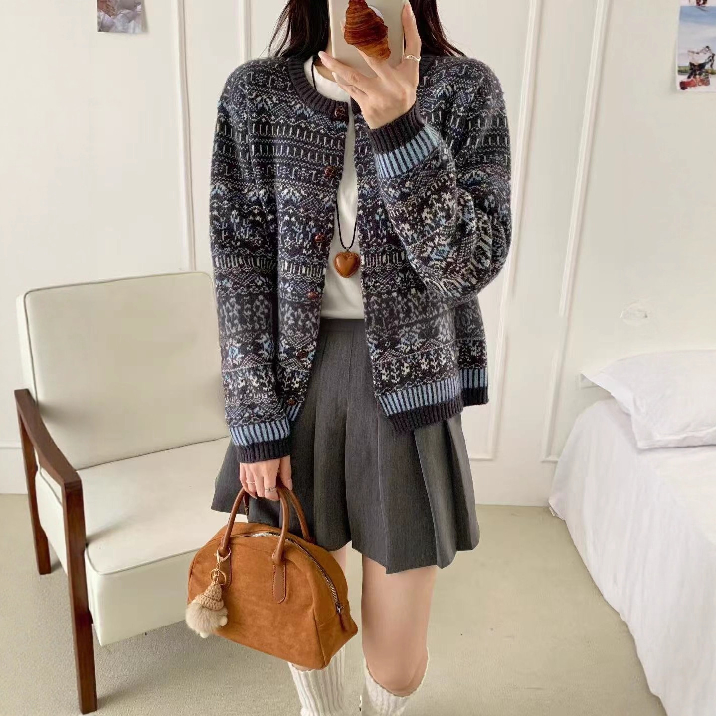 新款波普风毛衣外套女复古文艺费尔岛针织开衫北欧民族风提花女装